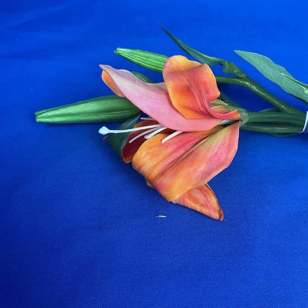 Realistic Artificial Coral Orange Lily Spray - Faux Floral Stem